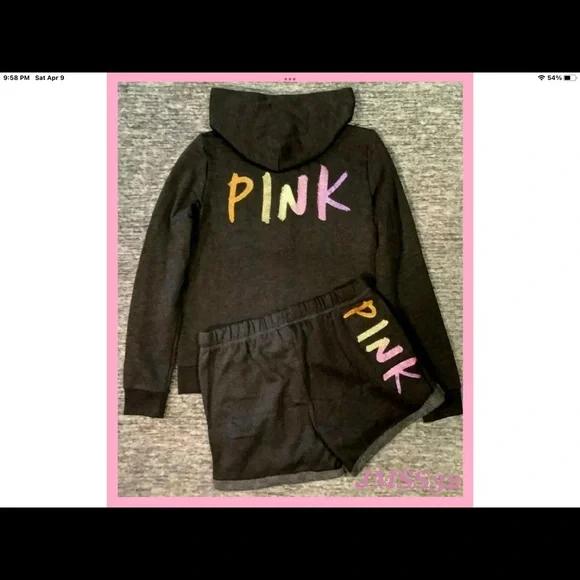 NEW VICTORIAS SECRET PINK BLING FULL XI HOODIE & SHORTS SET